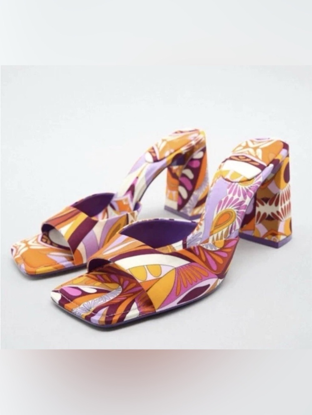Zara Women's Multicolor Retro Print Block Heel Sandals sz 6.5 nwt